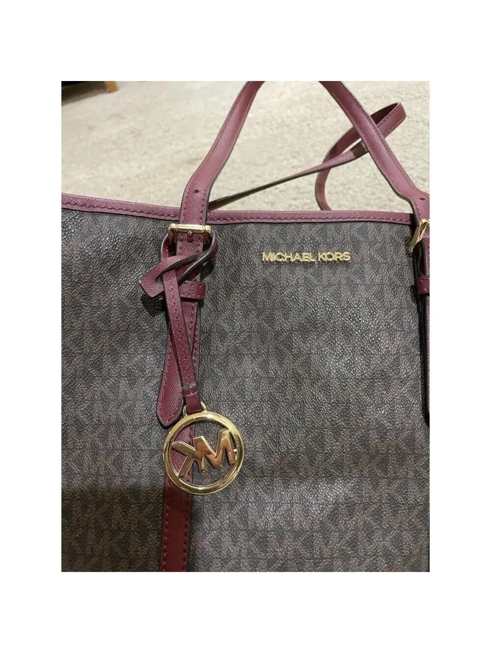 Michael Kors Large Tote Zipped Shoulder Bag Brown Leather Red Accents MK Logo